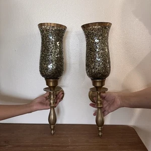 Vintage Bombay Green Mosaic And Brass Candle Wall Sconces Set Of 2 - Picture 1 of 12