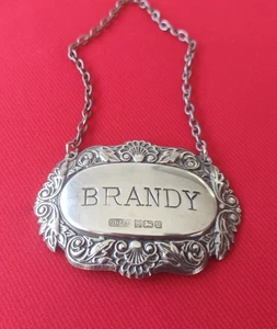 Vintage SOLID Hallmarked SILVER BRANDY Decanter Label  GREAT GIFT UK - Picture 1 of 9