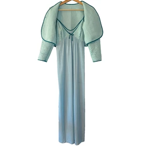 Vintage Long Slip Dress & Matching Quilted Bed Jacket Blue Sz Medium Bow RARE - Picture 1 of 10