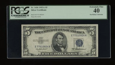 DBR 1953-A $5 Silver Fr. 1656 EA Block PCGS XF-40 Serial E77510826A - Image 1 of 2
