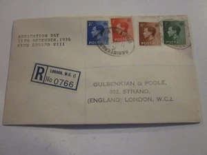 GB KEVIII 1936 REGD COVER ABDICATION DAY W.6 LONDON ENGLAND 12.11.1936 NR.766 - Bild 1 von 3
