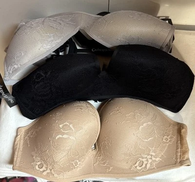 Paquete de 3 sujetadores para mujer Catherine Malandrino 38B negro, beige, azul claro sin cables nuevos con etiquetas Foto 1 de 4