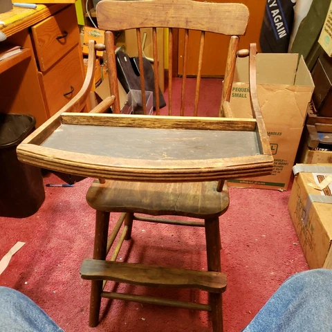 Antique Solid Wood Child's High Chair with hinged  plate holder Cover