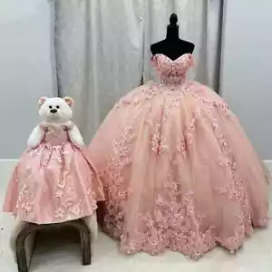 Pink Quinceanera Dresses Beaded Appliques Ball Gown Sweet 16 15 Year Old Girl - Picture 1 of 14