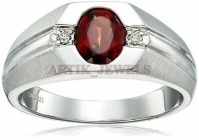 Naturale Granato Gemma Con 14K Placcato Oro Bianco Anello Argento per Uomo AJ807 - Immagine 1 di 4