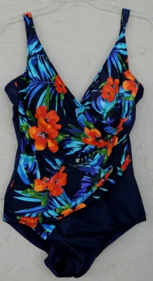 Traje de baño Miraclesuit talla 14 azul marino floral de una pieza pareo correas ajustables Foto 1 de 4