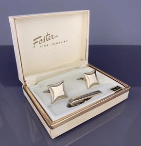 Square Star Gold Tone Cufflinks Tie Clip Simple Polished Foster Vintage NOS - Picture 1 of 8