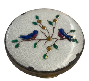 Beautiful Unique Vintage Enamel Bird Flowers Enamel Mirror Compact - Picture 1 of 5