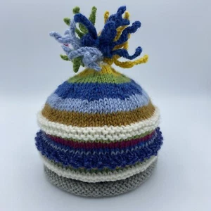 Beanie Knitted Hat Child Hand Made Multicolored Marly Topper Green Pink Blue - Picture 1 of 5