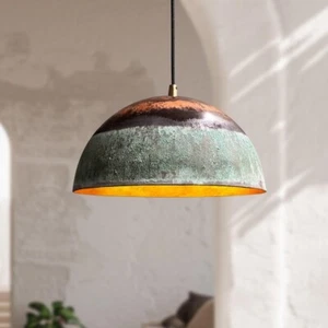 Handmade Green Patina Copper Pendant Light, Oxidized Dome Ceiling Light, Solid - Picture 1 of 6