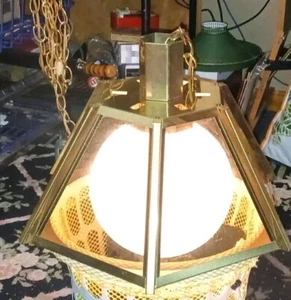 Mid Century Modern Brass 6 Panel Hanging Chain Ball Lamp - Picture 1 of 15