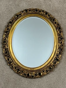 Antique Oval Ornate Hanging Wall Beveled Glass Mirror Wooden Frame 27"x 22-1/2" - Picture 1 of 8