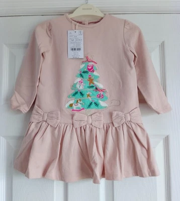 NEW MONSOON - Age 2 - 3 Years - Pale Pink Christmas Tree & Bows Sweatshirt Dress - Image 1 of 4