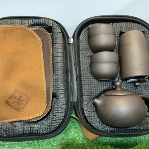 Handcrafted Chinese Yixing Zisha Purple Clay Teapot Set with Cups & Travel Case - Picture 1 of 9