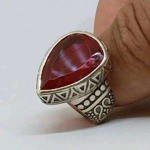 Rare Natural Teardrop Ruby Men's Gemstone Ring 925 S-Silver Engraved Size 8.75 - Picture 1 of 18