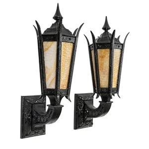 Antique Pair of Gothic Revival Cast Iron Exterior Wall Sconces Stained Glass - Picture 1 of 10