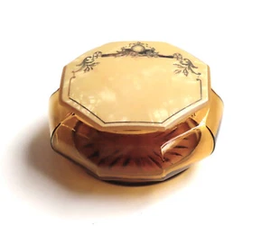 Vtg Art Deco 9-Sided Amber Glass Vanity Powder Trinket Box, Yellow Celluloid Lid - Picture 1 of 5