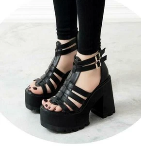 Womens Chunky Heels Platform Strap Buckle Open Toe Sandals Gladiator Punk Shoes - Picture 1 of 8