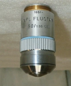 Lente per microscopio Leitz Wetzlar Germania 519693/ 160/- NPL Fluotar 50/1,00 OEL - Foto 1 di 5