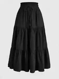 Maple Women's Solid Woven Elastic Waist Tiered A-Line Midi Skirt Size L - Picture 1 of 5