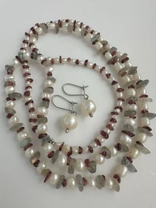 Beaded Pearls Garnet Labradorite Necklace With 925 Pearl Dangling Earrings - Picture 1 of 17