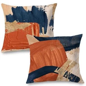 Navy Blue Terracotta Gold and Orange Throw Pillow Covers 18x18 Set of 2,Moder... - Picture 1 of 5