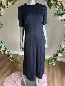 TED BAKER Midi Dress Womens TB 2 UK 10 Navy Blue Satin Ruched Side NEW - Picture 1 of 15