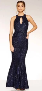 Quiz Sequin Size 16 Navy Blue Dress Maxi Party Evening Prom Wedding Guest Gown - Picture 1 of 5