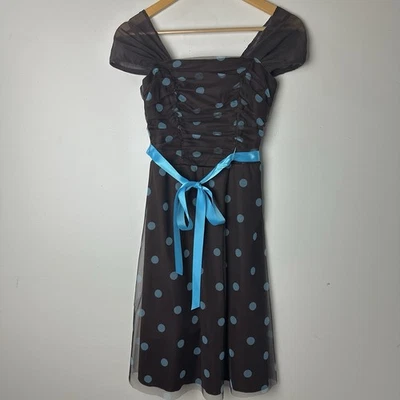 Vtg BCX Dress Fit Flare Brown Blue Polka Dot Mesh Y2k 90s Retro Pinup Cocktail 7 - Image 1 of 4