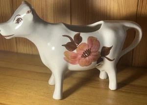 VTG 5” Ceramic Cow Coffee Creamer / Pitcher White w Floral Design Hand Painted - Picture 1 of 11