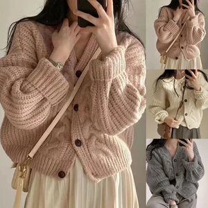 Lady Pure Color Fashionable Casual Loose Button Sweater Long Sleeved Cardigan - Picture 1 of 9