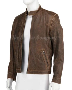 Mens Biker Cafe Racer Vintage Motorcycle Distressed Brown Real Leather Jacket - Picture 1 of 7