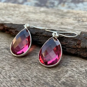 Pendiente colgante de plata de ley 925 rosa turmalina pera facetada para mujer - Imagen 1 de 6