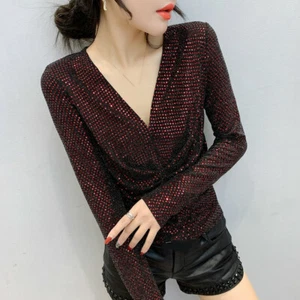 Women Sequin Shirt Tops Blouse Slim Sexy Clubwear Disco Shiny Glitter Tops Frill - Picture 1 of 14