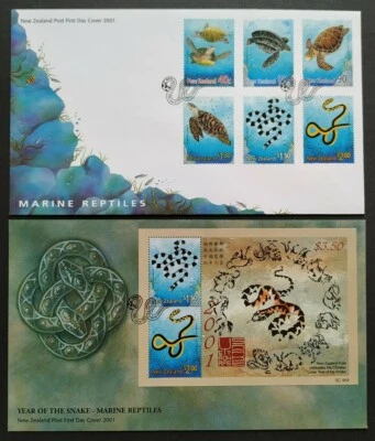 2001 New Zealand Marine Reptiles Zodiac Lunar Year Snake Stamps & MS FDC (pair) - Image 1 of 4