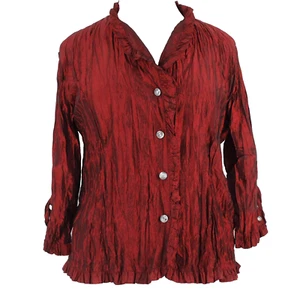 Agora NEW $35 Sz 1X Red Black Ruffle Button Down Poly Nylon Cardigan Sweater - Picture 1 of 9