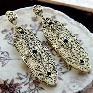EDWARDIAN STYLE GENUINE SAPPHIRE & PEARL 925 SILVER FILIGREE EARRINGS #149 - Picture 1 of 1