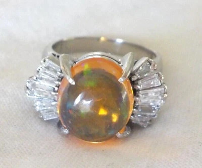 Heavy Platinum Bow Jelly Fire Opal Diamond Ring - 10.40 gms, Sz 6, 3.77 ctw - Image 1 of 4