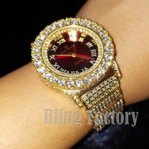 Men's Iced Lab Diamond Metal Band Gold PT RED BLUE Dial Luxury Rapper's Watch - Picture 1 of 10