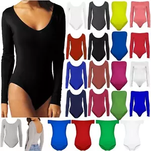 Womens Ladies Plain Jersey Long Sleeves Stretchy Leotard Bodysuit Top Plus Sizes - Picture 1 of 53