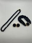 Vintage Jonne Schrager Black Glass Bead Necklace, Bracelet  & Earring Set
