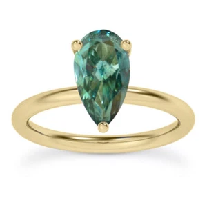 Pear Shape Diamond Solitaire Ring Blue Color Treated 14K Yellow Gold SI1 1 Carat - Picture 1 of 6