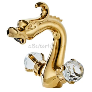 Fashion All Copper Dragon Sink Faucet Crystal Double Handle Wash Basin Mixer Tap - Picture 1 of 12