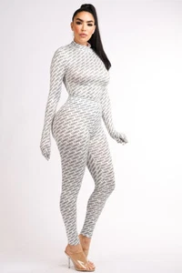 Women's Diagonally Printed Candy Bodysuit And Matching Legging Set White S,M,L - Picture 1 of 10