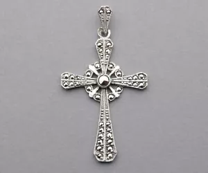 French Antique Religious Cross. Silver & Marcasite ???. Gothic Sterling Pendant. - Picture 1 of 3