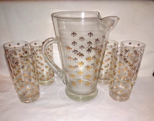Vtg Culver? PITCHER & GLASS SET-7 Piece Beverage ~FLEUR DE LIS~ 22K Gold Pattern - Picture 1 of 6