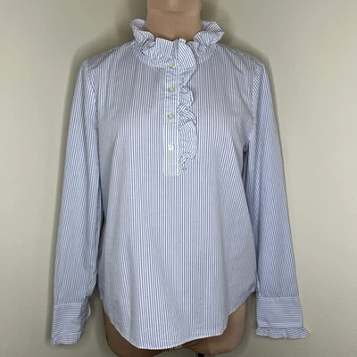 Camisa Kate Spade Broome Street Volantes Popelina Pequeña Mujer Azul Rayas Top Preppy Foto 1 de 4