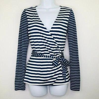 Camisa para mujer Diane Von Furstenberg 6 azul blanco a rayas cinturón envoltura defecto AO22 Foto 1 de 4