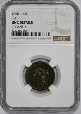 1850 Half Cent 1/2c NGC UNC Details Cleaned C-1 - Image 1 of 4