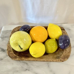 Set of 7 Pieces Ceramic Fruit and Vintage Wooden Dough Bowl - Picture 1 of 14